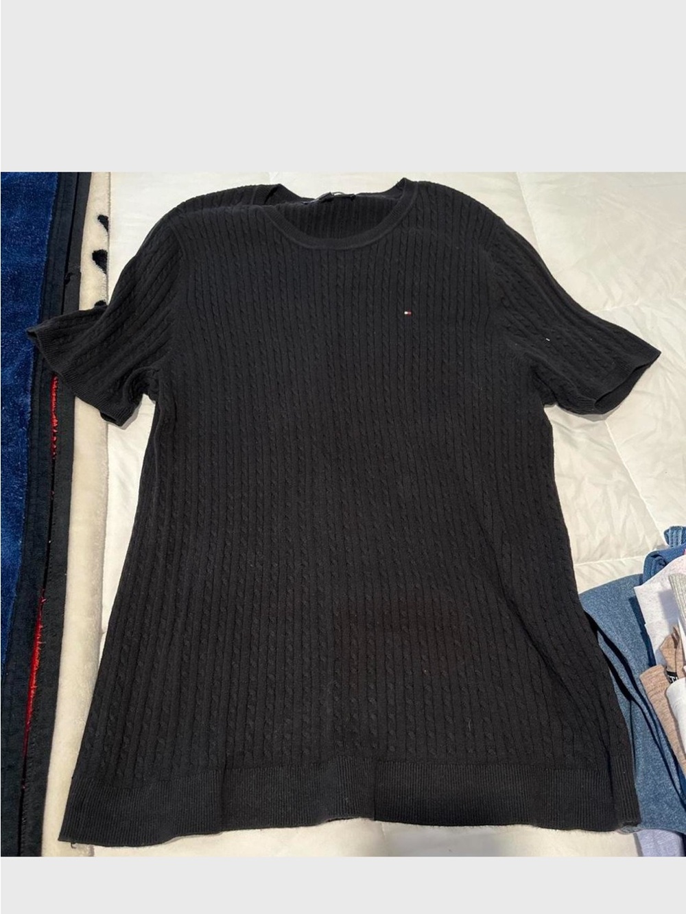 Tommy Hilfiger Black Cable-Knit Crewneck Short-Sleeve Sweater